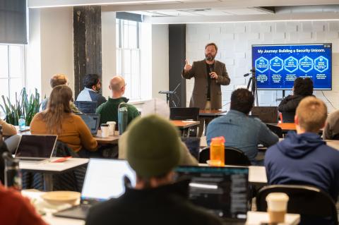 Founder Chris Klaus speaks to CREATE-X Spring Startup Launch participants during the Spring Launch kickoff